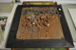 20th century Russian School, a cast abstract metal sculpture, framed and three paintings.