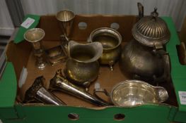 Two small silver vases, a silver salt and various plated items.