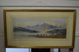 Cattle watering on a mountain lake, watercolour.