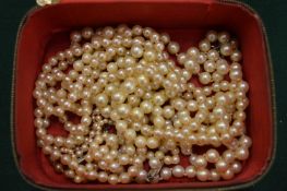 Various pearl necklaces and loose pearls.
