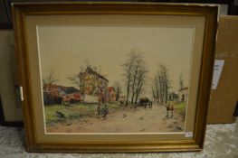 Edouard Febere, figures conversing on a track, pastel along with another pastel of caravans and