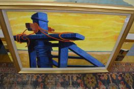 Lesley Giles, view of a windlass on a beach, oil on canvas and two similar.