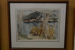 A landscape with trees and grasses by the waters edge, watercolour.
