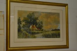 Wiggs Kinnaird, near Walberswick, female figure by a riverside cottage, watercolour, signed and