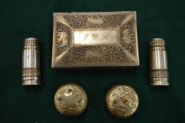 Various white metal boxes etc.