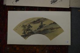 Three unframed Oriental artworks depicting a fan shaped landscape, prancing horse and a
