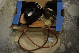 A handbag and various belts.