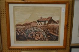 John Stops, farm near St David's Head, linocut, signed and dated 1981.