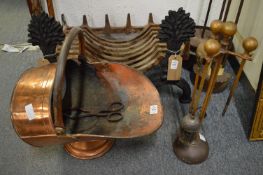 Copper coal scuttle and companion set.