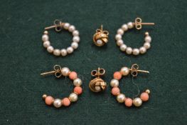 Three pairs of gold and pearl earrings.