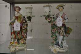 A pair of Derby figural candlesticks (faults).