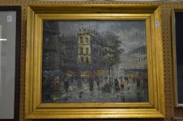 Busy street scene with figures, oil on canvas.