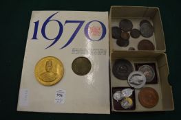 A collection of various medals and coins to include gilt medal commemorating Concours