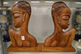 Franz Hagenauer, pair of carved wood busts as table lamp bases.