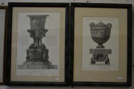 Two prints depicting engravings of classical urns, uniformly framed and glazed.
