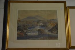 Figure on a stone bridge over a mountainous river landscape, watercolour together with a similar