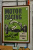 Motor racing advertising poster for Nakuru Park, 20th December 1959, framed and glazed.