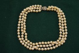 A pearl necklace with decorative silver clasp.