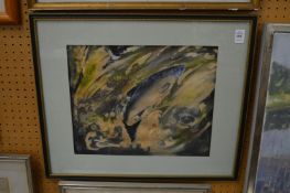 J Villiers, salmon leaping through a torrent, watercolour on fabric.