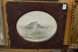 Japanese School, fishing boat at sea, framed oval in a lacquer frame.