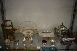 Plated items to include a pedestal basket, large oval box and cover etc.
