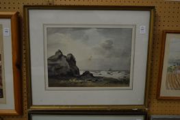 Rocky coastal scene with ships on the horizon, watercolour.