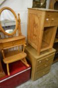 A pine dressing table mirror, small three drawer chest etc.