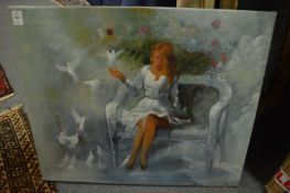 A woman seated on a garden bench feeding doves, oil on canvas, unframed together with five various
