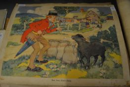 A collection of colour prints on card, unframed, depicting nursery rhymes.