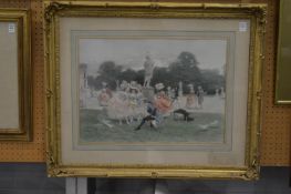 After Lucius Rossi, a chromolithographic print, ladies and gentleman gathered in a garden with