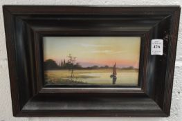 A small pair of scenes depicting sailing boats with sunset beyond, watercolour.