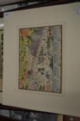 Knightsbridge and its surroundings, pictorial colour map, unframed together with a reprinted