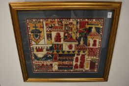 A modern embroidered picture depicting Islamic buildings.