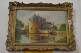 View of a French town by a river, oil on board, in a decorative gilt frame.