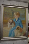 Rosemarie Timmis, portrait of a boy and a girls, each with their dogs, oil on canvas, a pair.