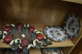 Decorative mirror and pair of plates.