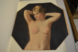 A female nude torso, colour print, shaped octagonal, unframed.