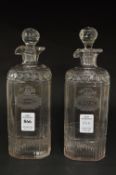 A good pair of 18th century square shaped cut glass decanters, etched whisky and rum.