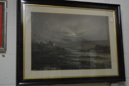 Stuart, figures walking under moonlight with a hilltop castle beyond, charcoal.