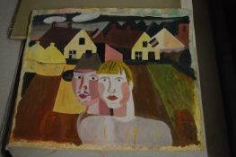 Style of Gustave de Smet, figures in a farm landscape, gouache on paper, unframed.