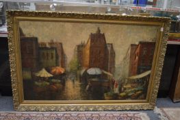 Continental School, figures in a busy city street with market place selling fresh produce, a large