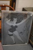 An unusual foil print depicting a female cabaret dancer, formed from the names of various actors and