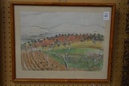 Rudolf Helmut Sauter, an Alpine view over trees, pastel.