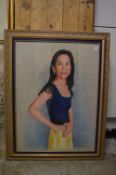 A study of a young woman wearing a blue top and yellow skirt, signed and dated 27/8/02.