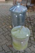 A small galvanised dustbin and a galvanised incinerator.
