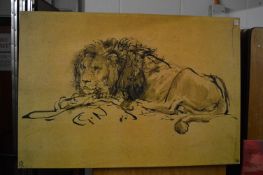 A large photographic print on canvas depicting a resting lion.