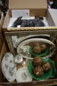 Mirrors, decorative china, an elephant ornament, boxed and other items.