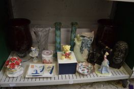 Large pair of ruby colour pedestal vases and other decorative glass and china.