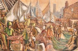 Derek Higginson (1930-2020), 'Cleaning the Fish and Nets', oil on canvas, signed, 24