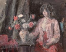 GEORGE WEISSBORT (1928 - 2013)A YOUNG GIRL with flowers, board. 13ins x 16ins ( 33cm x 41cm)